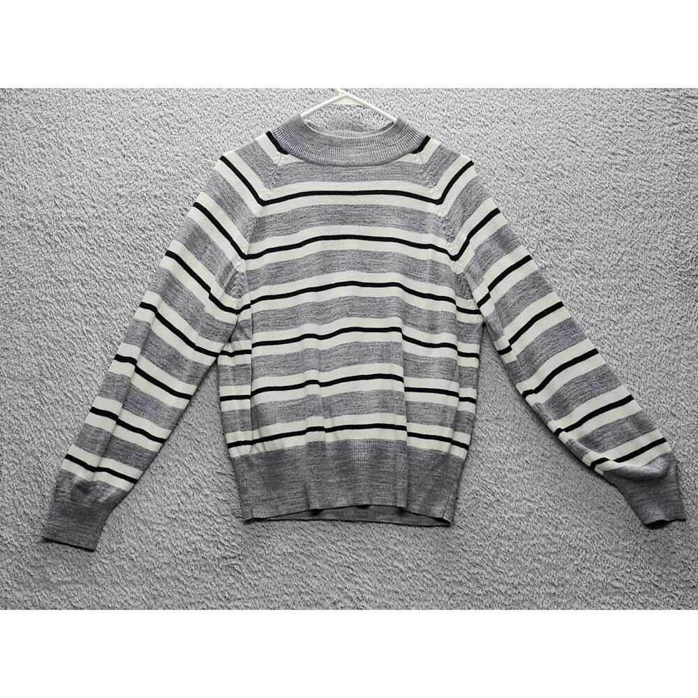 Maggie Lawrence Vintage Striped Sweater Womens Size L Gray White Black Mock Neck